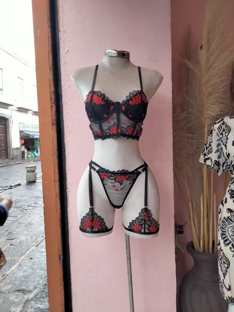 Conjunto negro con transparencias y bordado rojo floral